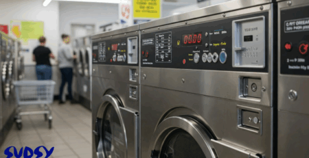 A detailed view of commercial washing machines with coin slots and control panels, illustrating the need for accurate coin handling in high-traffic laundry operations.