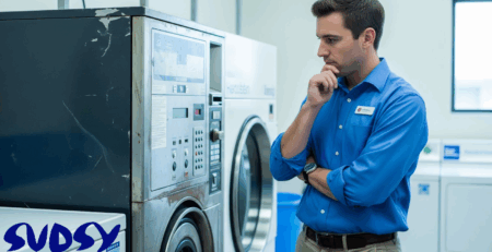 Man in blue shirt inspecting an old commercial washing machine, appearing deep in thought inside a laundry facility with Sudsy Vending Supplies branding.
