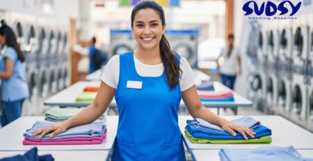 Smiling laundromat employee standing behind neatly folded clothes on tables inside a laundromat.