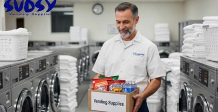 Employee delivering vending supplies, including snacks and drinks, to a laundromat for next-day restocking.