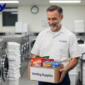 Employee delivering vending supplies, including snacks and drinks, to a laundromat for next-day restocking.