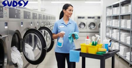 Laundry facility worker organizing cleaning tools and disinfectants beside industrial washers, showcasing essential janitorial supplies for commercial laundries.