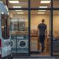 Image of a commercial laundromat with a delivery van outside, staff unloading supplies inside, and washers and dryers running.