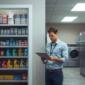 A laundromat owner checking inventory and stocks