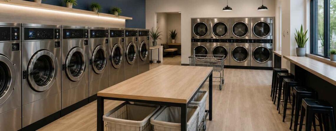 Organized laundry shop with neatly arranged washers, dryers, and folding areas.