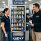 A vending supplier representative presents a modern laundry-supplies vending machine to a smiling laundromat owner in a clean, busy laundromat facility.